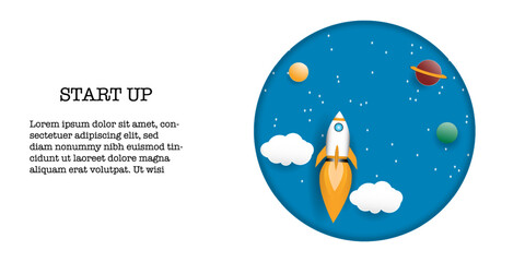 Rocket launch  to sky  above  clouds on blue background , Space ship  flying to  galaxy with  planet  star ,Flat style vector illustration,Business new project start up strategy  Concept
