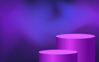 Abstract room with purple pedestal podium and colorful fog