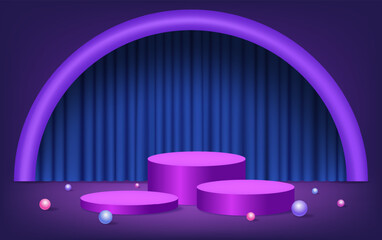 Abstract room with purple pedestal podium, arch curtain and balls