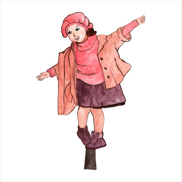 illustration of the girl in the fall. vector illustrations using watercolors. autumn in november.