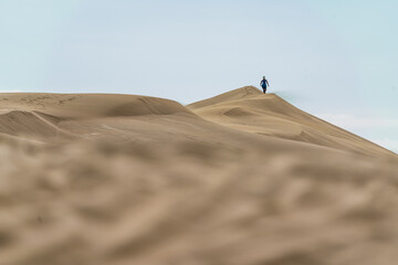 Hiker among sand dunes in the desert. 