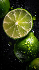 Fototapeta na wymiar Fresh Lime background, adorned with glistening droplets of water, top down view.
