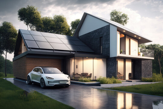 A house with solar panels and an electric car, an energy-independent house, environmentally friendly energy in the house, Generative AI.