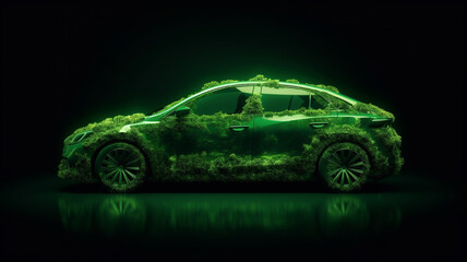 Green car icon on dark green background. Generative AI