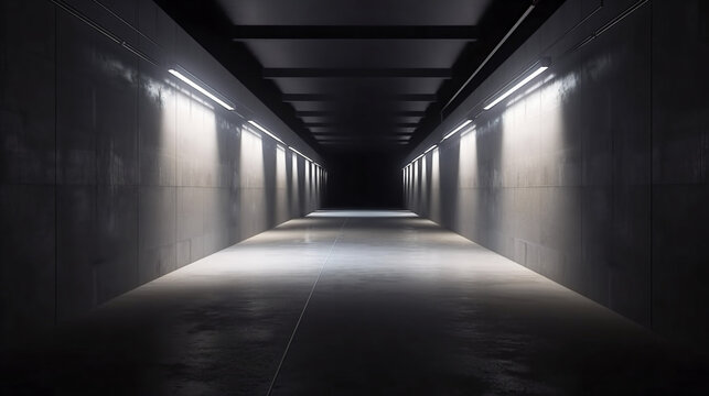 Fototapeta Dark Concrete Led White Lights Underground Tunnel Corridor Cement Asphalt Hallway Warehouse Tunnel Corridor Metal Structure Realistic Empty