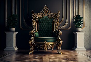 front view of empty golden royal throne with green fabric standing on brown tile wooden floor in front of white gray marble wall generative AI