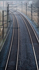 Copenhagen, Denmark Commuter train tracks in the mist.