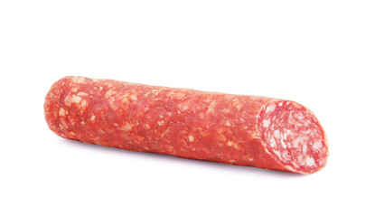 Top view of delicious whole salami isolated on white
