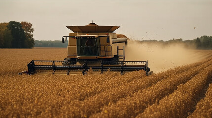 Combine harvester working on a wheat crop. Harvester machine to harvest wheat field working. Generative AI