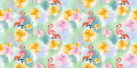 Abstract floral seamless pattern with tropical jungle leaves , exotic flamingo birds. Forest print design, pale colors background