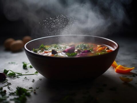 A Bowl Of Steaming Hot Soup With A Drop In The Bottom Left Corner.