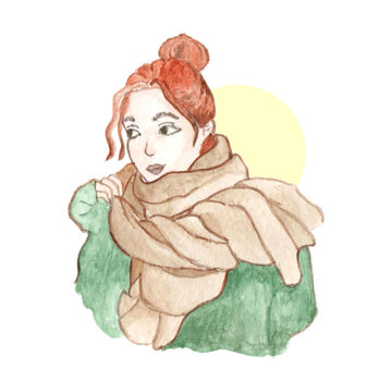 illustration of a girl using a scarf in winter. beautiful girl in winter