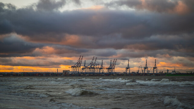 DCT container terminal in Gdańsk. Sunset.