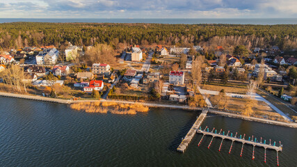 Fototapeta na wymiar The Vistula and the drone view of Sobieszewo and the Baltic Sea. Early spring.