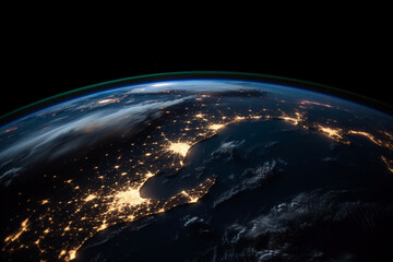 Earth from space at night with city lights. global overview. generative ai