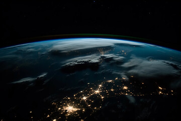 Earth from space at night with city lights. global overview. generative ai