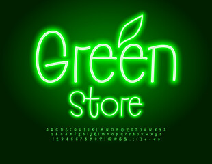Naklejka premium Vector Glowing Poster Green Store. Funny Electric Font. Neon Alphabet Letters and Numbers set