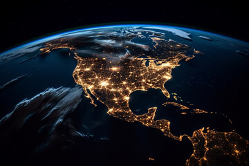 Obraz premium Earth from space at night with city lights. global overview. generative ai