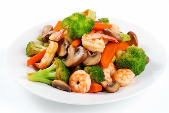 mushroom shrimp and broccoli and carrot in plate for restarurants menu homemade