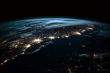 Earth from space at night with city lights. global overview. generative ai