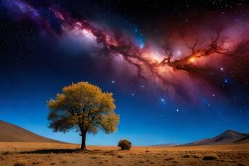 Der einsame Baum in der leuchtenden Galaxie, generative KI - obrazy, fototapety, plakaty
