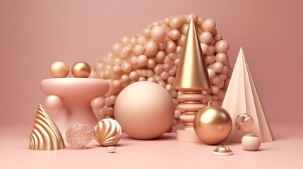 Set of 3d render realistic primitives on pink background. Isolated graphic elements. Spheres, torus, tubes, cones and other geometric shapes in golden metallic and white colors for trendy designs