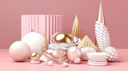 Fototapeta na wymiar Set of 3d render realistic primitives on pink background. Isolated graphic elements. Spheres, torus, tubes, cones and other geometric shapes in golden metallic and white colors for trendy designs