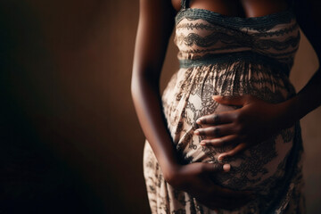 A pregnant African American woman in a sundress strokes her belly. Place for text. Copy space. Waiting for the birth of a child