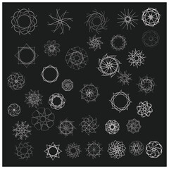 hand drawn, symbol icon flower circle star doodle snowflakes geometric line art , black background