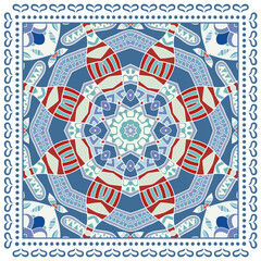 Fototapeta na wymiar Decorative doodle ornament, symmetric pattern with lace frame. Tribal ethnic mandala decor. Bandana shawl, hijab, tablecloth fabric print, silk neck scarf, kerchief design. Colorful vector background