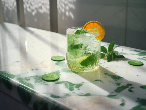 On a marble countertop, a sparkling drink with ice cubes and a slice of cucumber, surrounded by green herbs and citrus fruits, condensation on the glass