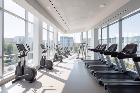 Modern gym, light walls and plenty of cardio equipment. Modern equipment in new gym. AI Generated