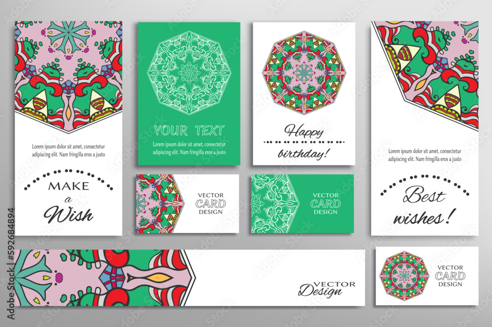 Wall mural Big set of greeting Cards or wedding Invitations. Postcards template with inscription Make a Wish, Best Wishes, Happy Birthday. Banner, business cards with mandala ornament. Isolated design elements - Wall murals