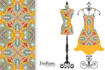 Vector fashion illustration. Vintage tailor dummy, dress model, colorful seamless pattern for textile fabric, paper print, invitation, business card design. Boho style isolated clothes collection