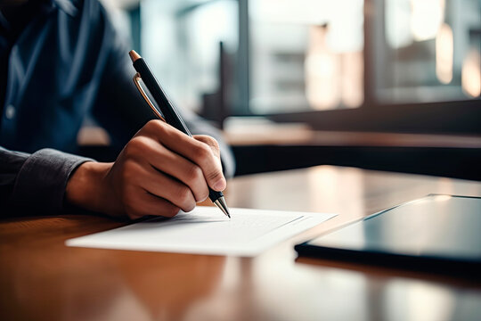 A close-up shot of a person's hand signing a document with a pen on a desk, with a blurred office background.