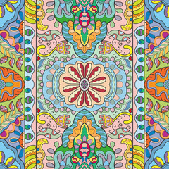 Hand drawn seamless graphic pattern, colorful artistic background with floral and geometric elements. Doodle ethnic mandala ornament for textile fabric, paper print. Surface texture 