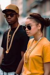 young multi-ethnic couple with rapper style look. generated with AI - obrazy, fototapety, plakaty