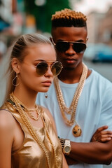 young multiracial couple with rapper style look. generated with AI - obrazy, fototapety, plakaty