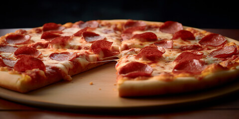 close-up shot of delicious cheese and pepperoni pizza. generated with AI