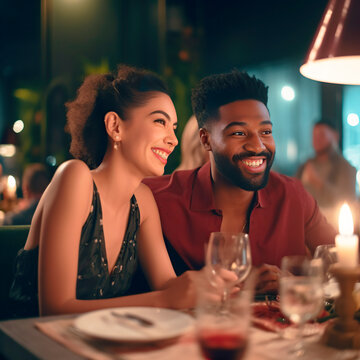 interracial couple on a date in a restaurant. generated with AI