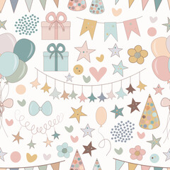 Happy holidays seamless pattern. Party elements set and box with gift, balloons. Cute cartoon  funny baby repeat paper.