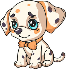 Cute cartoon Dalmatian puppy with orange bow tie and blue eyes, editable and perfectly grouped design