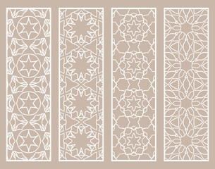 Decorative geometric line borders with repeating texture. Tribal ethnic arabic, indian, turkish ornament, bookmarks templates set. Isolated design elements. Stylized lace patterns collection