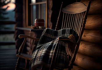 a rocking chair with a plaid blanket on top of it next to a firewood log cabin window with a log cabin in the background. generative ai