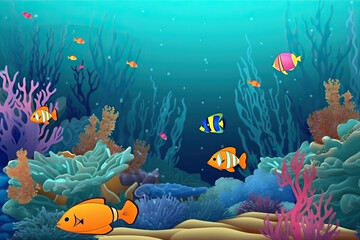 Cartoon illustration of fish on a coral reef Generative AI