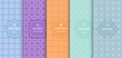 Set of seamless line patterns, colored background. Stylish decorative vintage, retro, arabic, christmas label decor set. Abstract geometric frame, vector illustration. Art Deco style, light colors