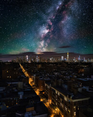 A stunning, ultra-realistic illustration of Starry Night swirling and glowing in the night sky above a cityscape