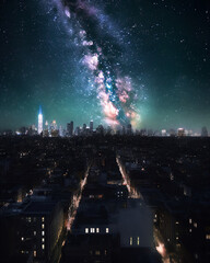 A stunning, ultra-realistic illustration of Starry Night swirling and glowing in the night sky above a cityscape