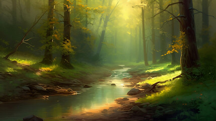 A painting of a serene forest background.