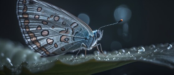 Butterfly with dew drops, close-up view of a butterfly with small water droplets on its wings. Generative AI